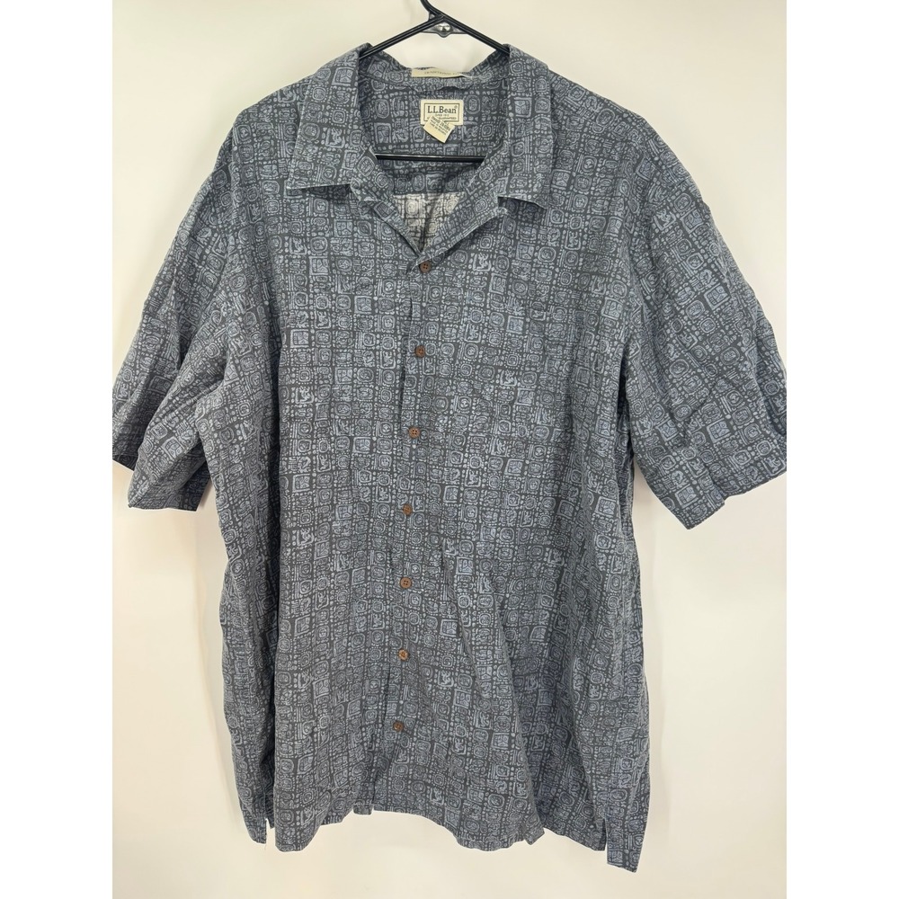 LL Bean Men's XL Tall Short Sleeve Button Up Shirt Blue Aztec Print Cotton‎